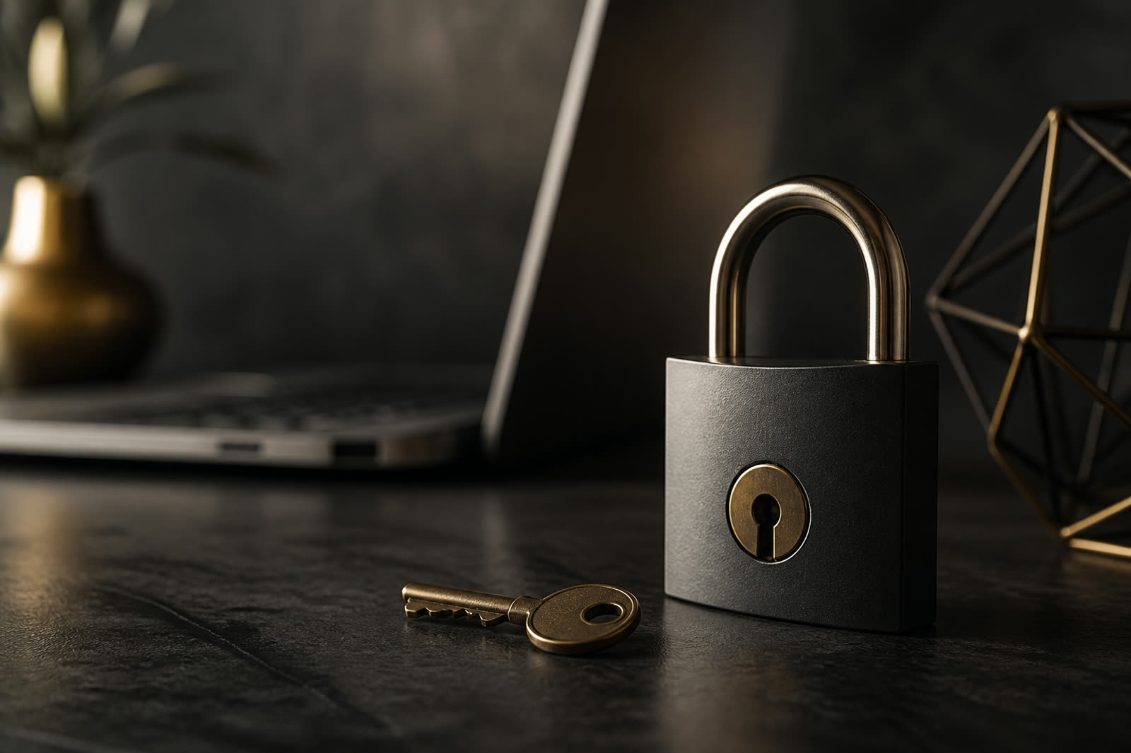 Lock and key beside a laptop representing on-device encryption