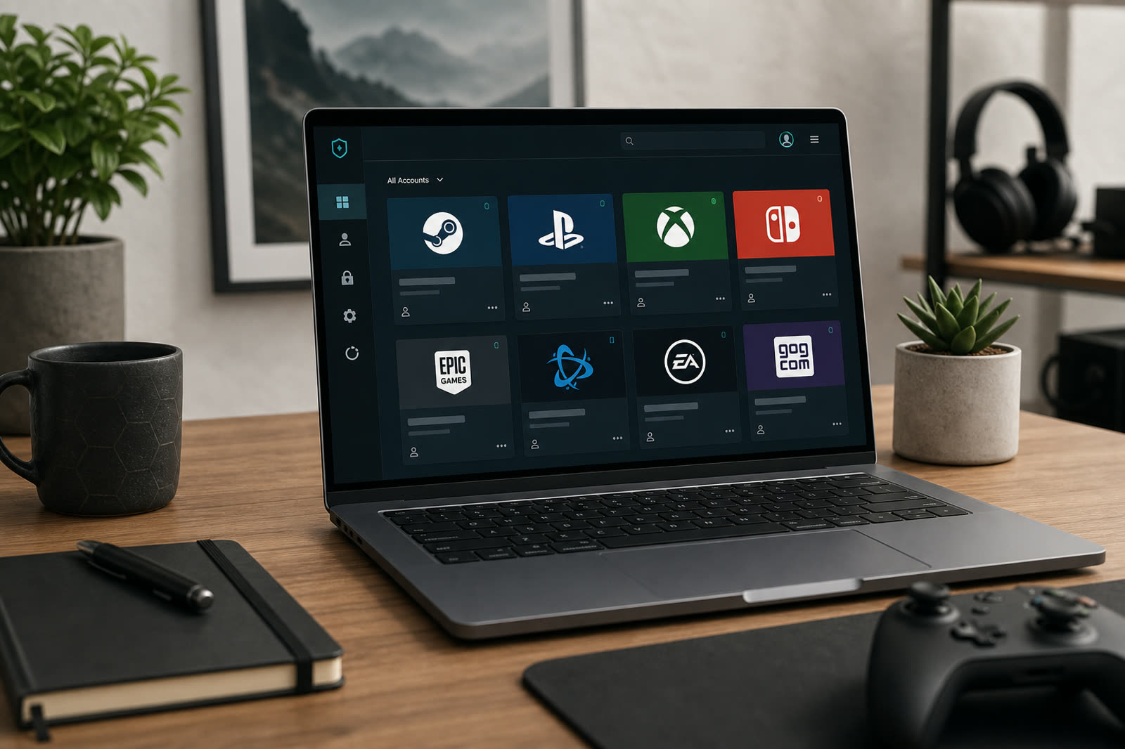 Laptop on a desk showing an organized gaming account library