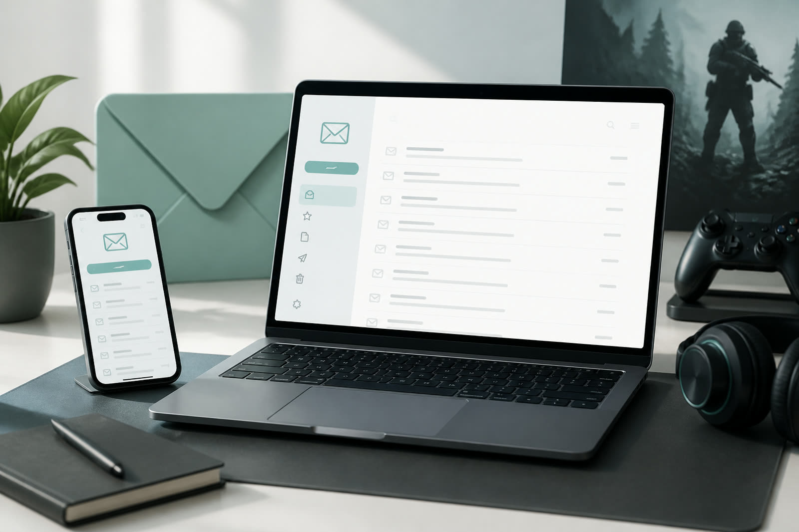 Phone and laptop with a clean disposable inbox interface